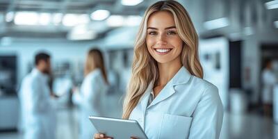 Young woman in a lab coat smiles at the camera while colleagues work in the background photo