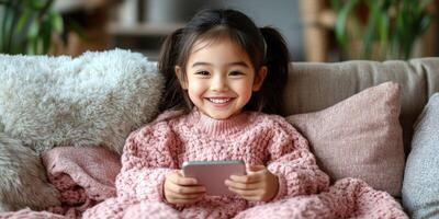 A cheerful child enjoys using a smartphone while snuggled in a cozy blanket photo