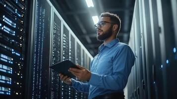 IT technician oversees server performance while holding a tablet in a data center photo