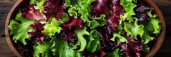 A bowl filled with vibrant green and red lettuce leaves captures the essence of freshness photo