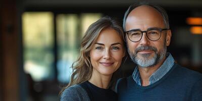 A couple smiles affectionately at the camera in a warm cafe setting photo