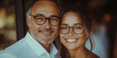 A couple enjoys each other's company, beaming with joy in a beautiful cafe setting photo