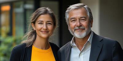 A couple poses happily together outside a contemporary building with greenery in the background photo