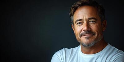 A man smiles warmly while standing against a dark backdrop, exuding confidence and approachability photo