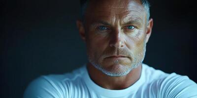 A focused man gazes intensely, showcasing his blue eyes and rugged features photo