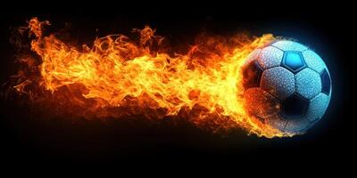 A soccer ball bursts through flames, creating a striking visual effect in the dark photo