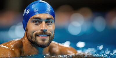 Swimmer relaxes in water, smiling brightly after completing a challenging training session photo