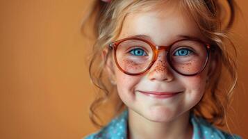 A cheerful girl with glasses showcases her freckles while smiling in a cozy setting photo