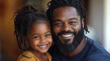A father and daughter happily embrace with bright smiles in a warm, welcoming environment photo