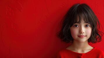 A young girl stands smiling in front of a vibrant red background photo