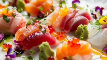 a gourmet dish of sushi and sashimi, artistically plated with vibrant garnishes and sauces, resembling a work of art photo