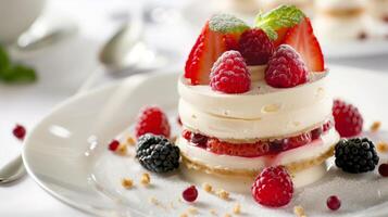 a beautifully crafted dessert with layers of mousse and fruit, presented as an edible masterpiece photo