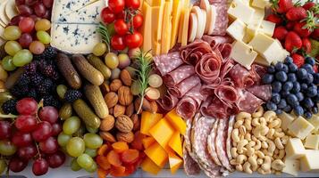a stunningly arranged cheese and charcuterie board with carefully placed fruits and nuts, looking like a painter palette photo