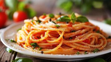 a plate of pasta with an elegant sauce swirl and garnished with herbs, resembling an artistic culinary masterpiece photo
