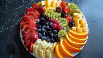 a vibrant fruit platter with a variety of sliced fruits, arranged like a colorful painting photo