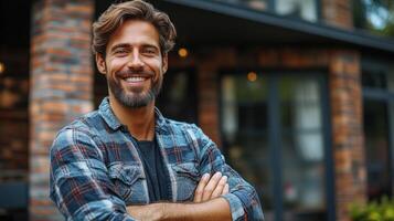 Man with a beard shows confidence while enjoying the outdoors at a charming building photo