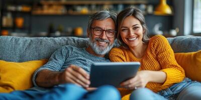 A happy couple shares a joyful moment while using a tablet in a comfortable space photo