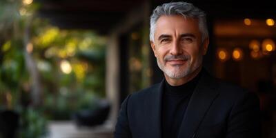 A well-dressed man smiles warmly while standing outdoors surrounded by lush greenery photo
