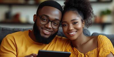 A couple shares a joyful moment while browsing content on a tablet photo