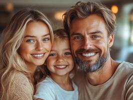 A joyful family shares smiles together at home, creating a warm and loving atmosphere photo