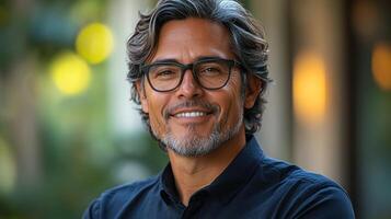 A man with glasses smiles warmly, surrounded by greenery on a sunny day photo