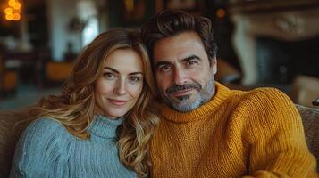A couple enjoys each other's company while wearing comfortable sweaters indoors photo