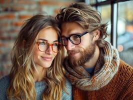 A couple shares a warm, intimate moment in a brightly lit cafe during fall photo