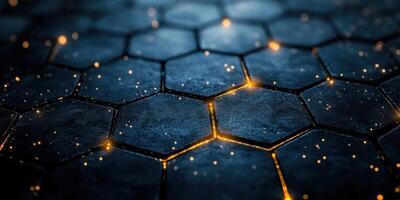 A dark hexagonal pattern glimmers with glowing edges, creating a mesmerizing visual effect photo