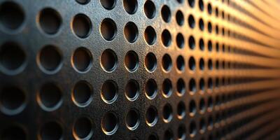 Close-up view of a textured metal surface featuring circular perforations reflecting warm light photo