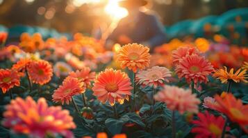 A gardener cares for colorful flowers as the sun sets, creating a warm, golden ambiance photo
