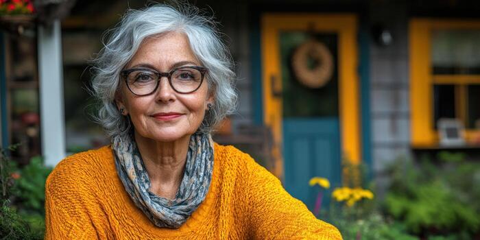 un mayor mujer disfruta el tranquilo atmósfera por su vibrante hogar rodeado por flores foto