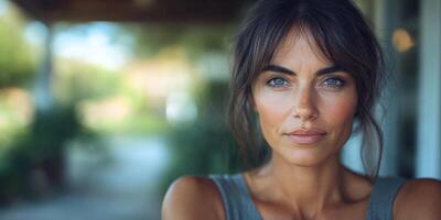 A woman with striking blue eyes poses calmly, enjoying a tranquil outdoor environment photo