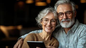 A joyful older couple smiles while sharing a tablet in a warm, inviting environment photo