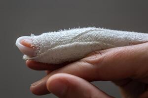 Mallet finger, stack splint on the middle finger with bandage to immobilize the last phalanx following joint trauma photo