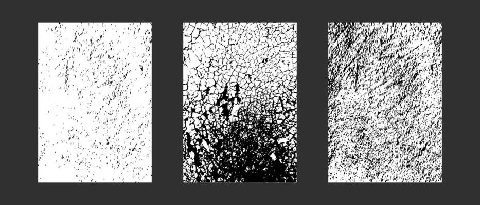 Set of grunge cracked and shabby textures. Worn grainy grunge background. Rough effect of ice, snow for winter design. Black and white color. Dirty eroded vintage background.