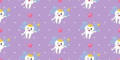 Seamless pattern featuring a cute tooth fairy with a sparkling tiara and a magic wand surrounded by pink stars on a purple polka dot background. Suitable for wallpaper, bedding, wrapping paper. vector