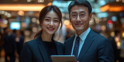 Two professionals pose for a friendly photo during a corporate event
