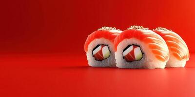 Fresh sushi rolls are beautifully arranged on a bright red surface ready to enjoy photo