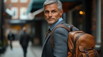 A businessman strolls through a city street, looking back with a confident demeanor photo