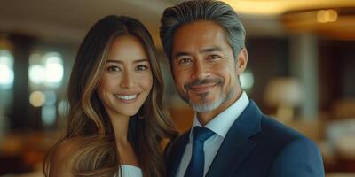 A stylish couple smiles warmly while standing close in a chic setting photo