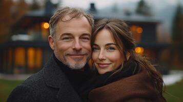 A couple enjoys a warm moment outside their cozy cabin during autumn photo