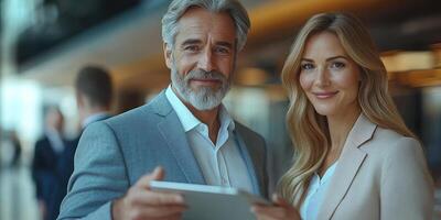 Two professionals converse and collaborate using a tablet in an upscale office environment photo