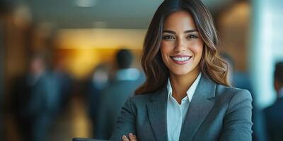 Businesswoman smiles confidently during a networking event in an office setting photo