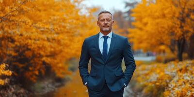 A businessman strolls confidently among bright autumn foliage by a peaceful stream photo