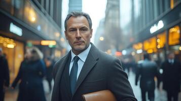 A well-dressed man carries a briefcase while navigating a busy urban environment photo