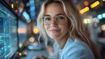 Focused woman smiles while analyzing data on multiple computer screens in a modern workplace photo