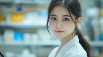 A medical professional smiles warmly while engaged in tasks within a laboratory photo