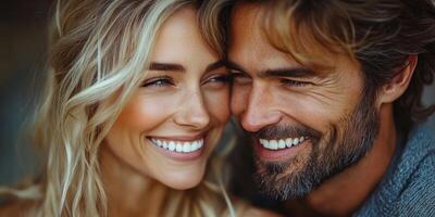 A couple shares a warm moment, smiling affectionately while embracing each other closely photo