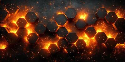 Hexagonal shapes glow with fiery light against a dark, textured surface creating a striking visual photo