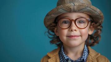 A cheerful young boy smiles while dressed in a hat and glasses against a blue backdrop photo